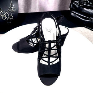 IMPO - Black Strappy Slingback Open Toe Heels